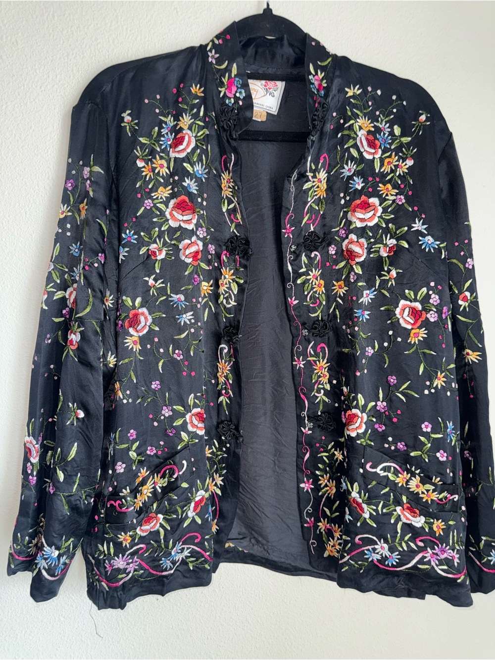 Vintage Peony Brand Black Floral Embroidered Silk Jacket – Large - Picture 2 of 9